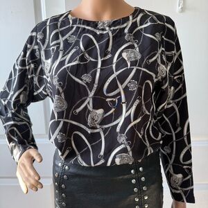 VINTAGE 90s Cardinale Black White Grey Equestrian print Women's Top S